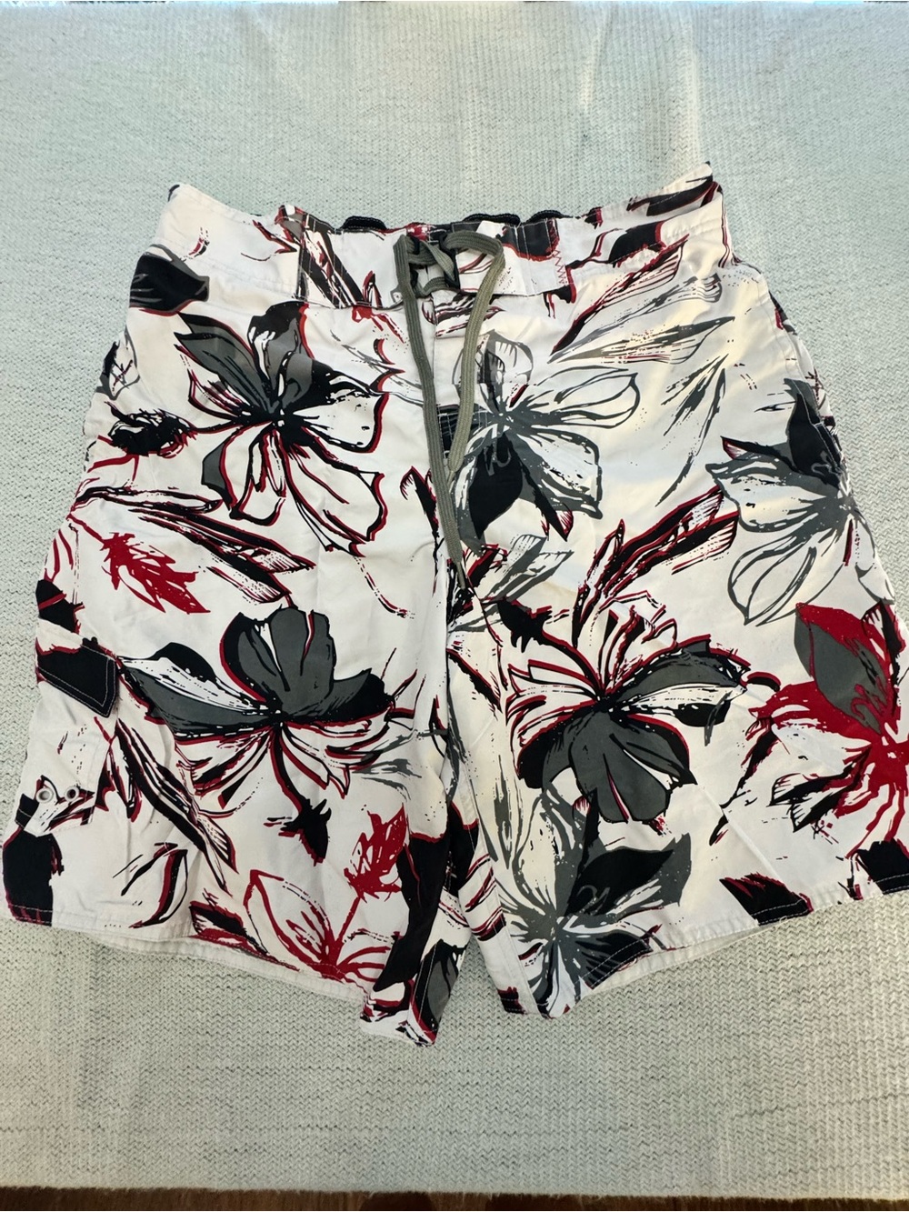surf style MenuFloral Drawstring Swim trunks- White with Black & Red Print
